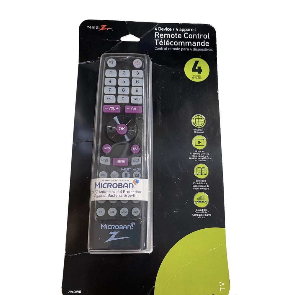 Zenith Universal Remote Control, 4 Device, Microban, ZB410MB  NIP